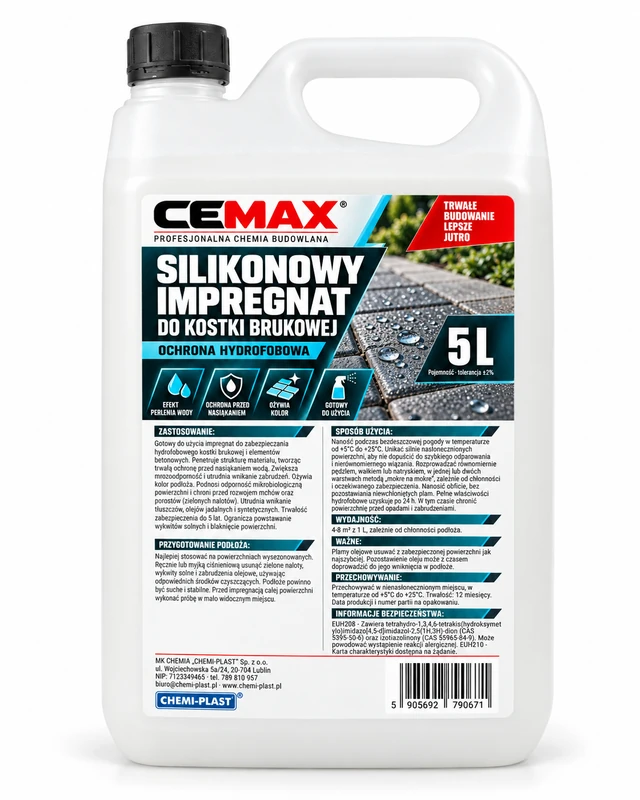 CEMAX Silikonowy impregnat do kostki brukowej, efekt perlenia wody 5L