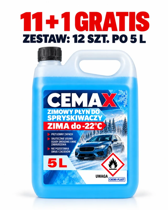 SUPER WYDAJNY! Płyn do spryskiwaczy zimowy -22st.C lejek 5L CEMAX 11szt+1GRATIS!